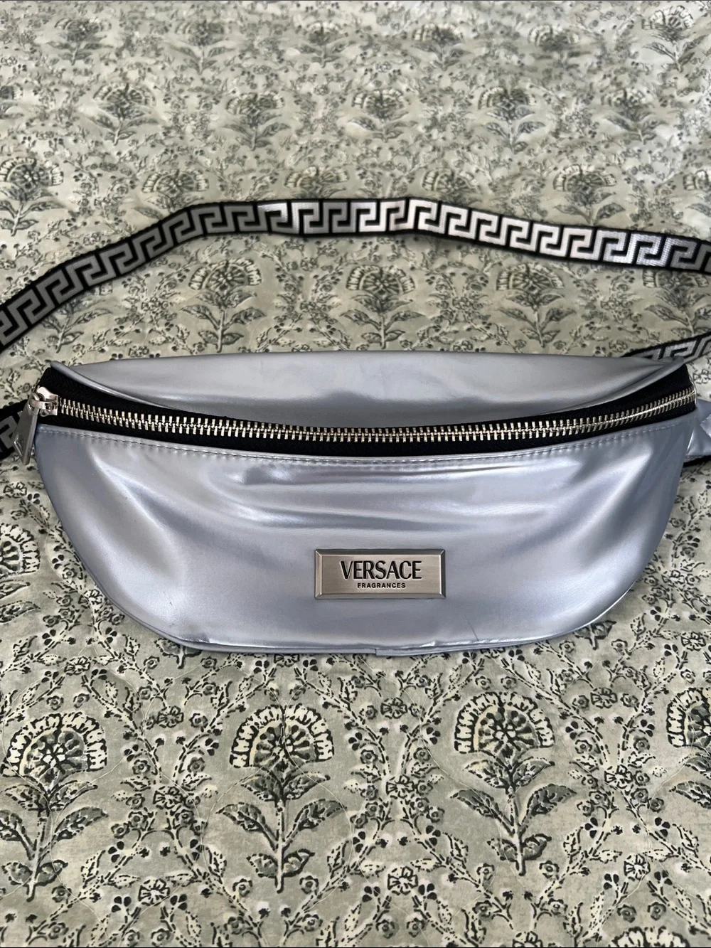 Versace Iridescent Silver Logo Belt Bag with Greek Key Strap